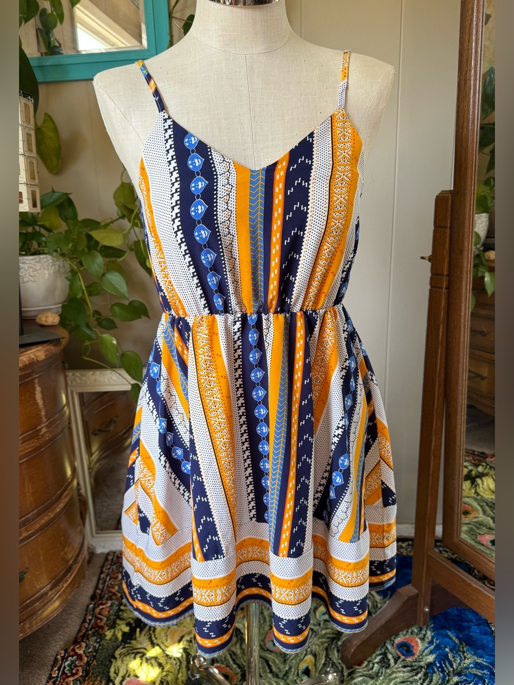 SHEIN Navy, Yellow and White Striped Spaghetti- Strap Mini Dress, size S
